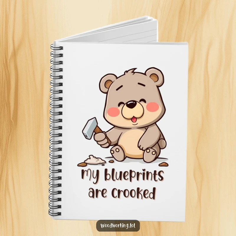Funny notebook with a determined cartoon bear happily hammering a crooked nail, perfect for journaling and planning.