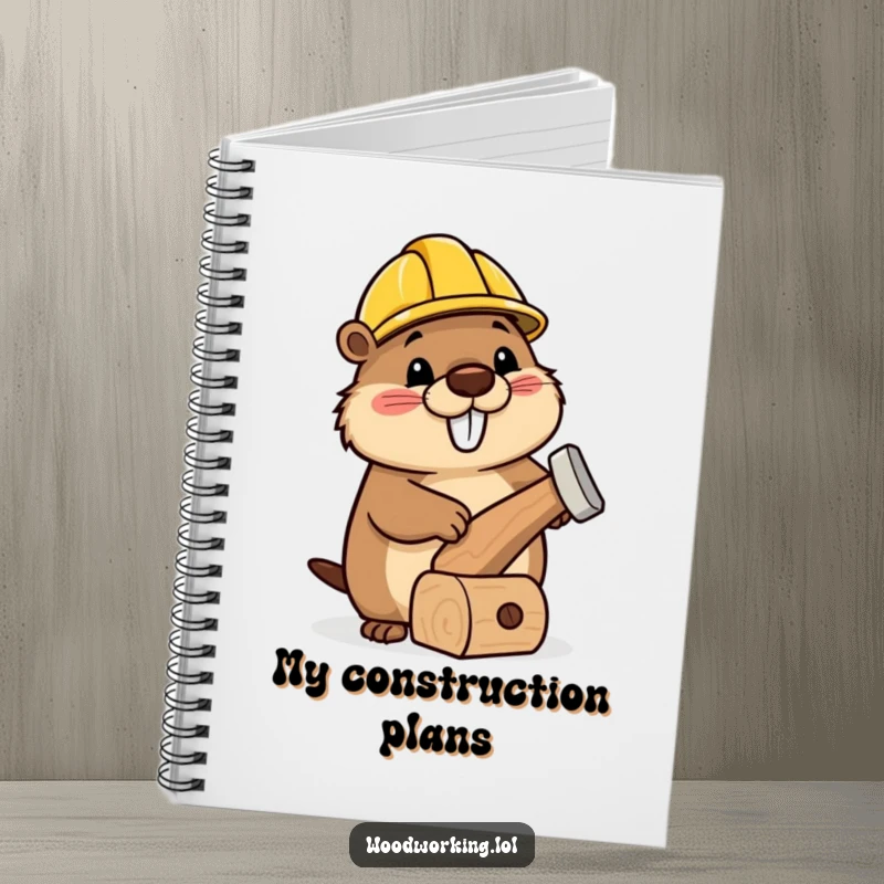 Funny notebook featuring a happy beaver wearing a tiny hard hat, hammering a delightfully wonky wooden toy.