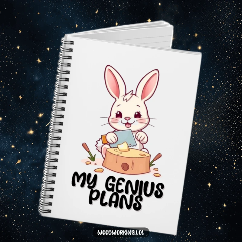 Funny notebook: A happy bunny saws wood with a tiny saw, ideal for planning projects and jotting down ideas with humorous inspiration.