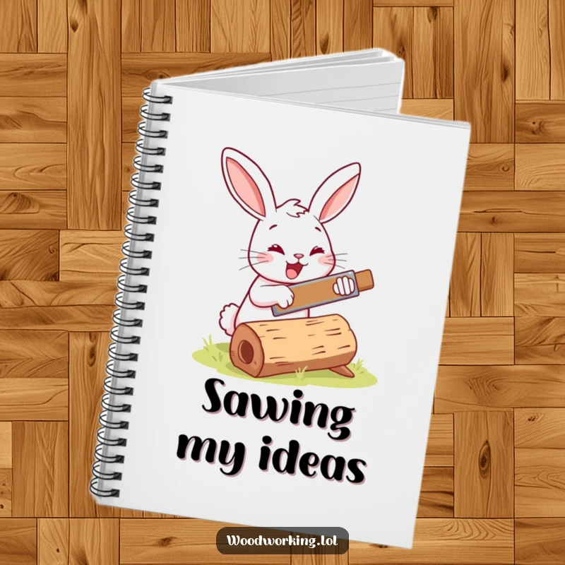 Funny bunny woodworker notebook, happily sawing a log, perfect for jotting down creative ideas with a touch of humor.