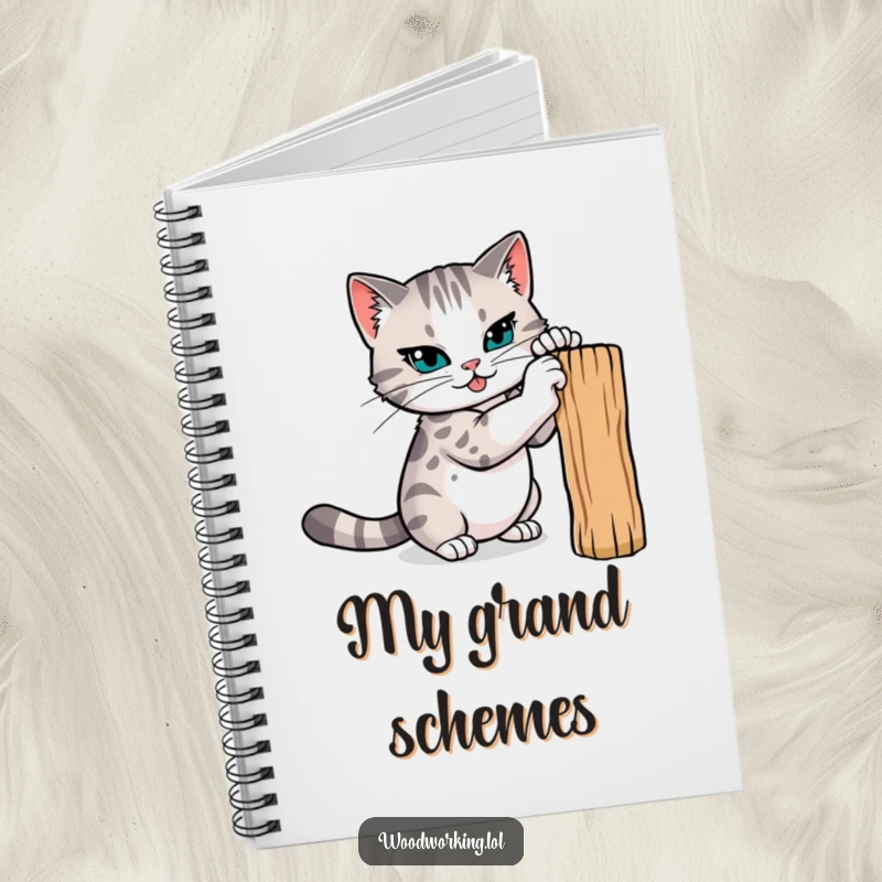 Funny cat notebook, a determined cat sharpening its claws on a wooden post, encouraging focused planning and sharp ideas.