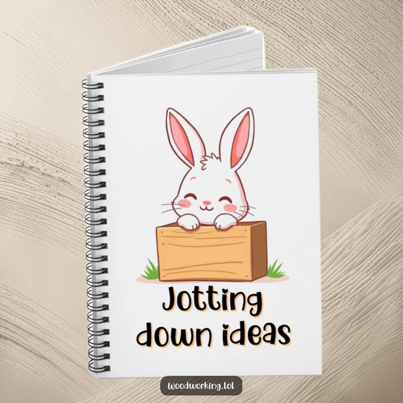 Funny notebook featuring a curious bunny peering into a wooden toolbox with excitement, perfect for jotting down ideas.