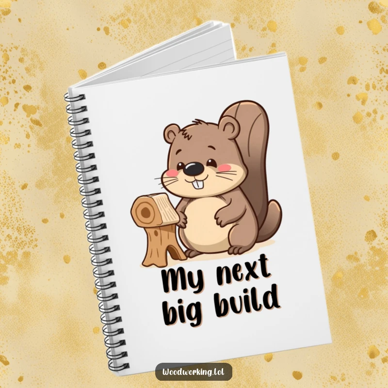 Funny delighted beaver notebook, proudly admiring its unfinished wooden creation, ready to capture building plans and creative ideas.