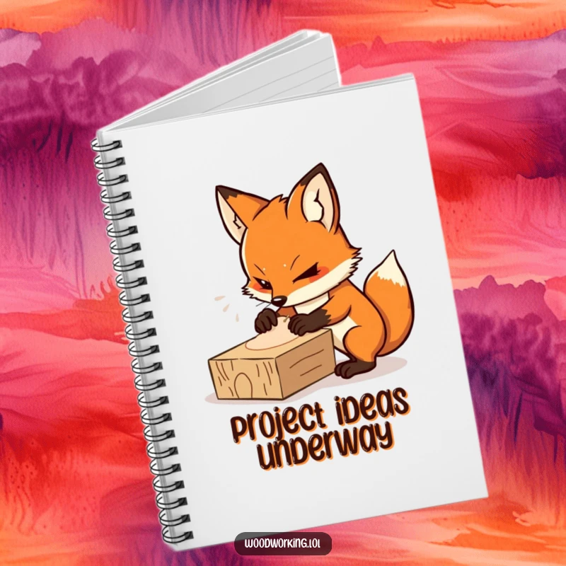 Funny notebook with a determined fox intensely sanding a wooden plank, ideal for detailed planning.