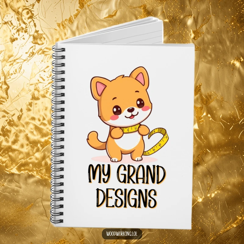 Funny dog busy with DIY, using a giant tape measure on a notebook cover, ideal for planners.