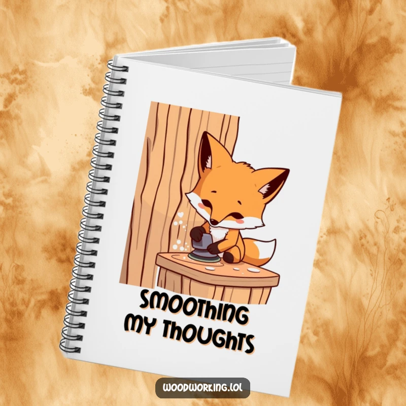 Funny fox carpenter notebook, a determined artisan sanding wood, perfect for jotting down creative ideas with humor.