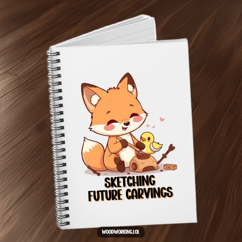 Funny fox carving a wooden bird on a notebook cover, representing skillful artistry and inspiring creative designs and handcrafted ideas.