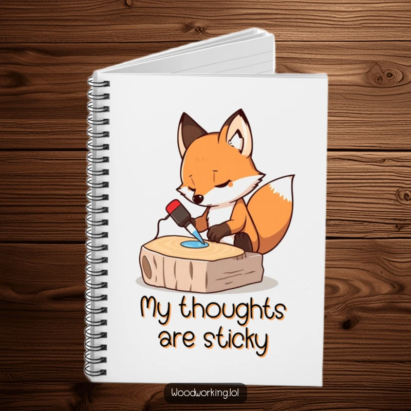 Funny notebook cover with a determined fox gluing wood, ideal for jotting down ideas, a humorous and practical tool.