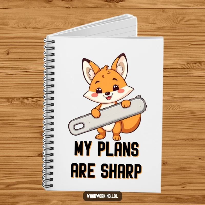 Funny notebook with a cheerful cartoon fox smiling and holding a comically large saw, for planning and notes.