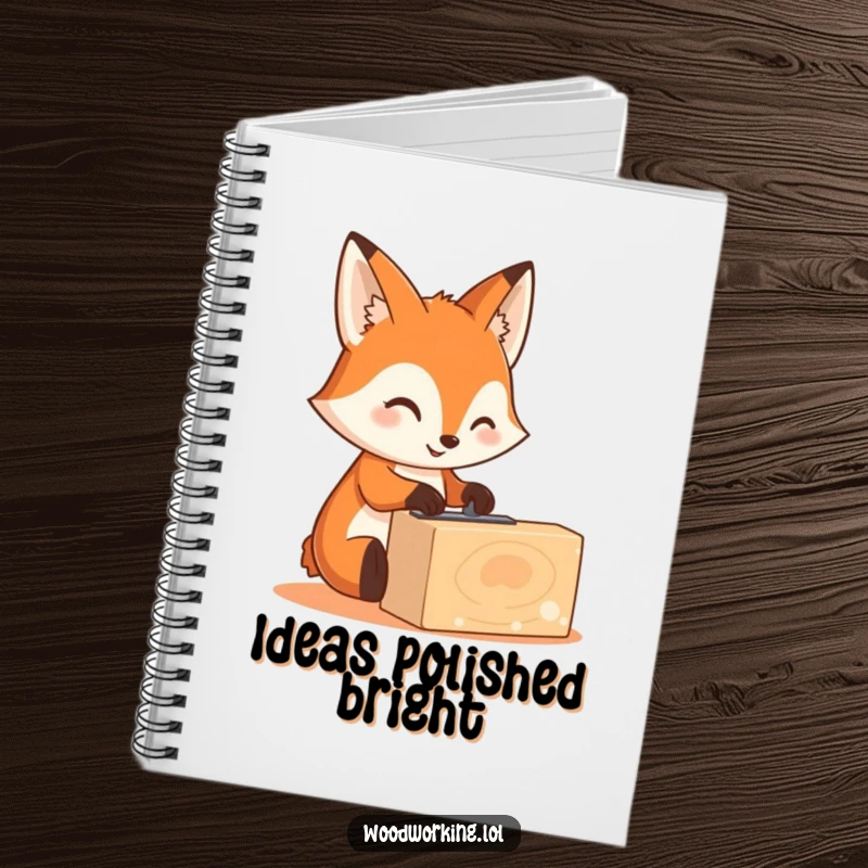 Funny cute fox with safety goggles on a notebook cover, sanding wood, crafty woodworking theme, a funny gift.
