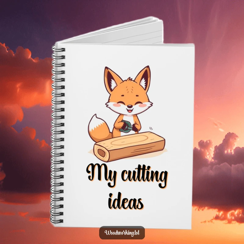 Funny notebook cover with a cheerful fox sawing wood with rhythmic movements, designed for creators.