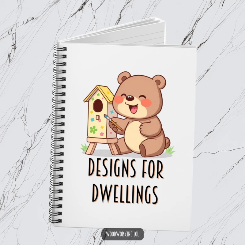 Funny notebook with a giggling bear excitedly painting a colorful birdhouse, ideal for creative notes.