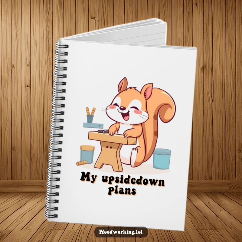 Funny giggling squirrel notebook, humorously using a workbench upside down, ready to capture chaotic thoughts and project plans.