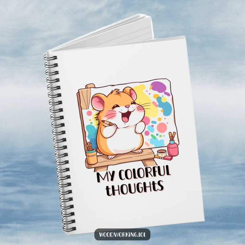 Funny hamster notebook with a giggling hamster painting a vibrant mural on a wooden board, perfect for notes and sketches.