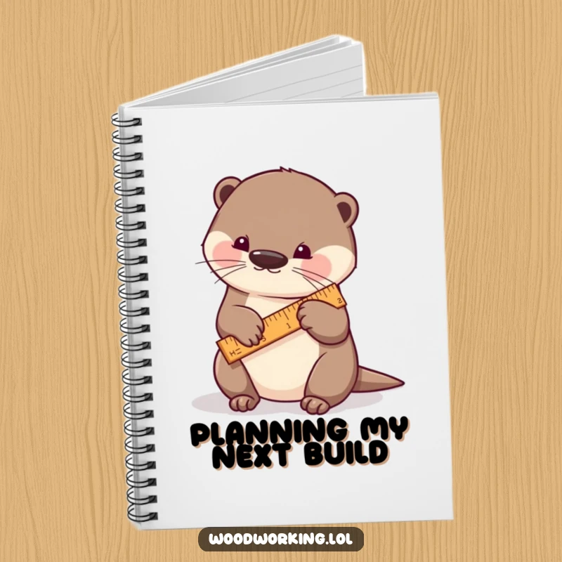 Funny otter notebook, a playful otter carefully measuring a piece of wood with a tiny ruler, encouraging accurate note-taking.