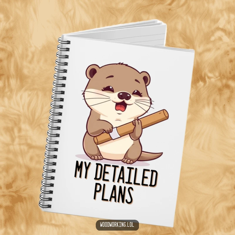 Funny otter notebook, giggling expression, using a chisel with dexterity, perfect for journaling with a humorous and artistic flair.