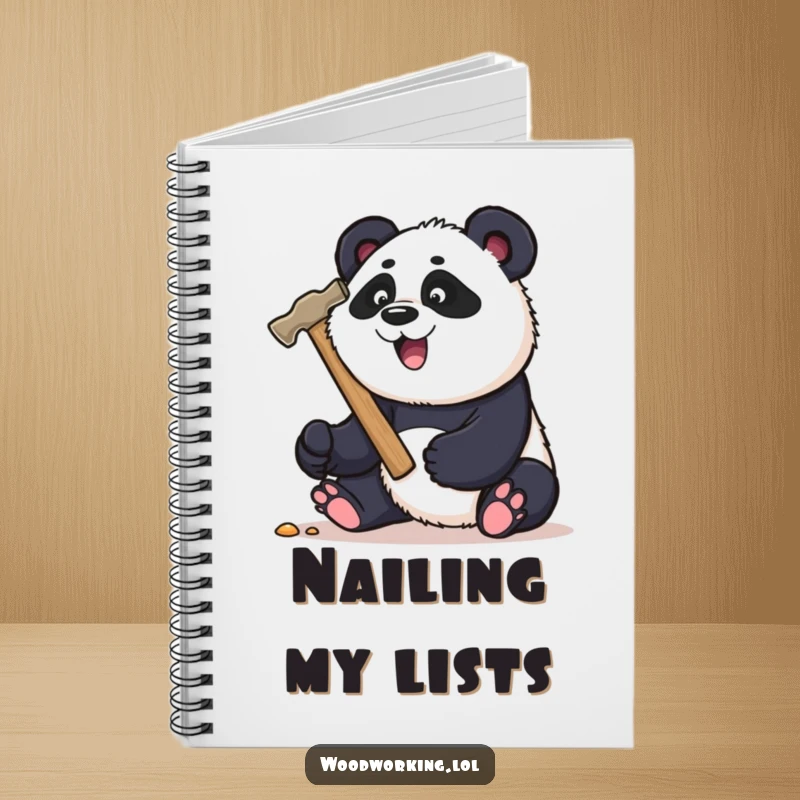 Funny panda carpenter notebook, playfully hammering a nail, ideal for jotting down ideas with a touch of humor.