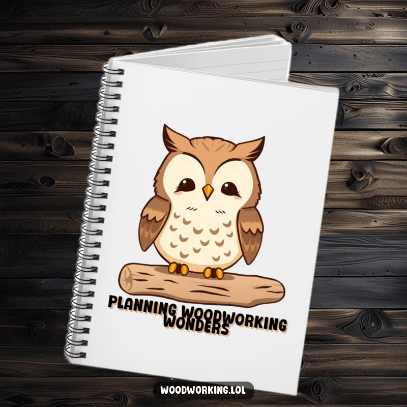 Funny notebook featuring a proud owl meticulously sanding wood, perfect for sketching designs and project notes.