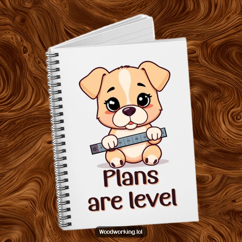 Funny puppy notebook, a cartoon puppy holding a level tool with a serious expression, encouraging organized and precise note-taking.