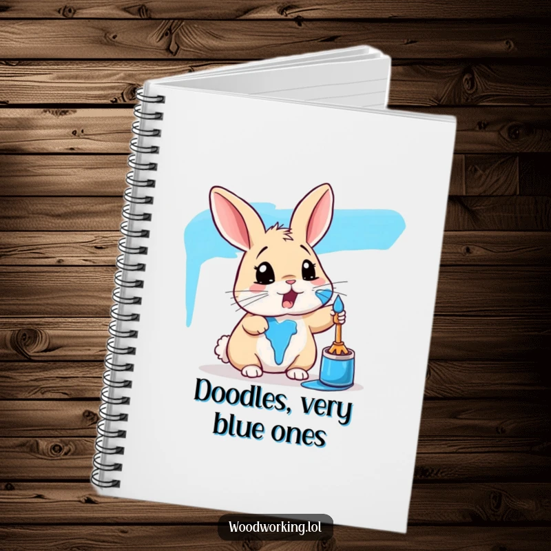 Funny rabbit notebook with a surprised bunny covered in blue paint, perfect for jotting down ideas with an artistic and humorous theme.