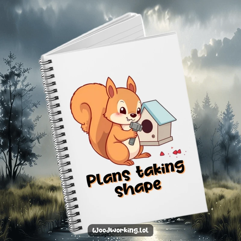 Funny determined squirrel hammering nails into a tiny birdhouse, great for a notebook cover.