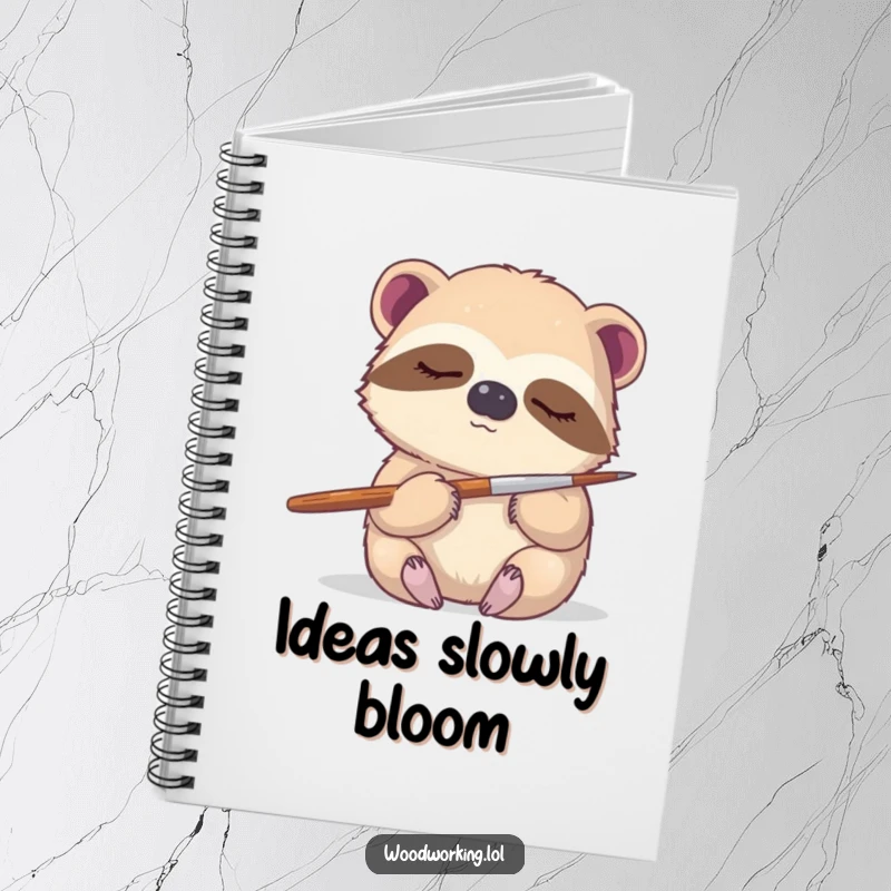 Funny sloth notebook, a sleepy sloth gently holding a paintbrush, encouraging mindful sketching and artistic planning.