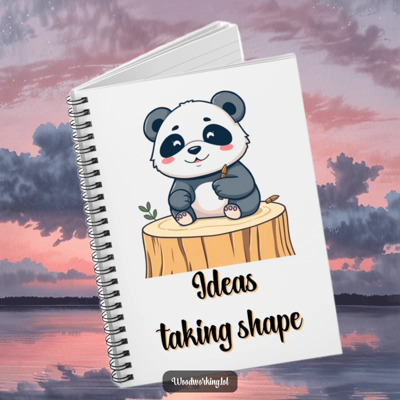 Funny notebook featuring a silly panda focused on carving a delicate design into wood, perfect for notes and artistic sketches.