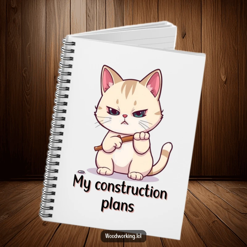 Funny notebook: A focused cat hammers a tiny nail, ideal for planning projects and jotting down ideas with humorous feline inspiration.