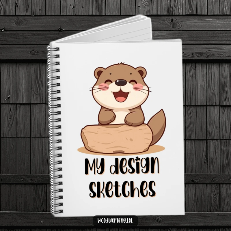 Funny otter sanding a wooden shape happily, featured on this notebook for jotting down creative ideas humorously.