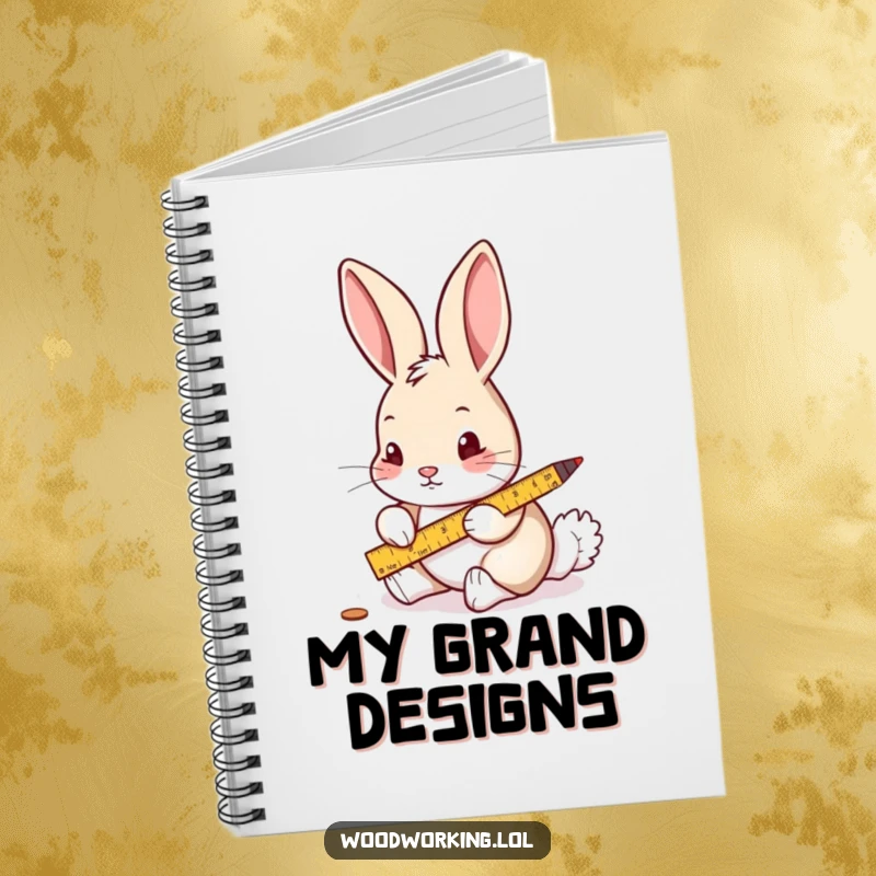 Funny notebook cover with a curious rabbit carefully measuring wood with a ruler and pencil, designed for planners.