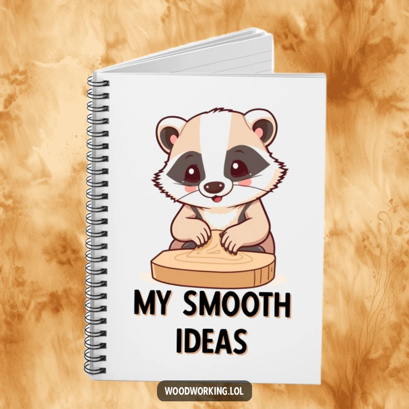 Funny notebook cover with a badger intensely sanding wood, designed for creative minds and humor lovers.