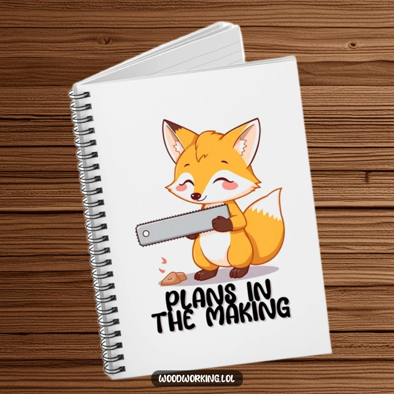 Funny fox notebook showing a curious fox holding a saw, ideal for note-taking with a planning and sly spirit.