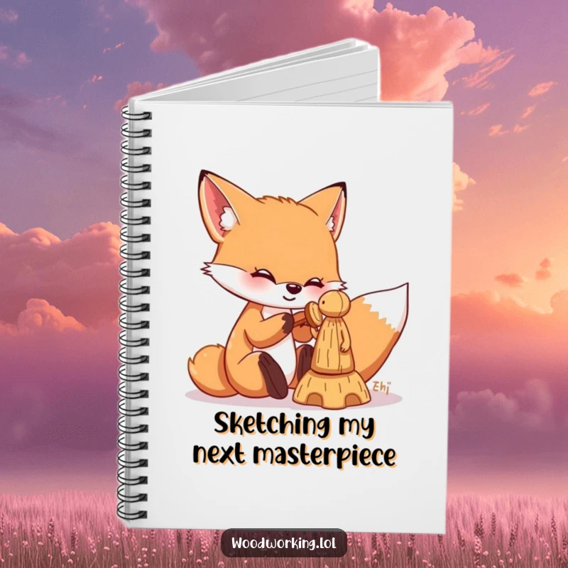 Funny fox notebook with a playful fox chiseling a wooden figure, perfect for jotting down ideas with a crafting and humorous theme.