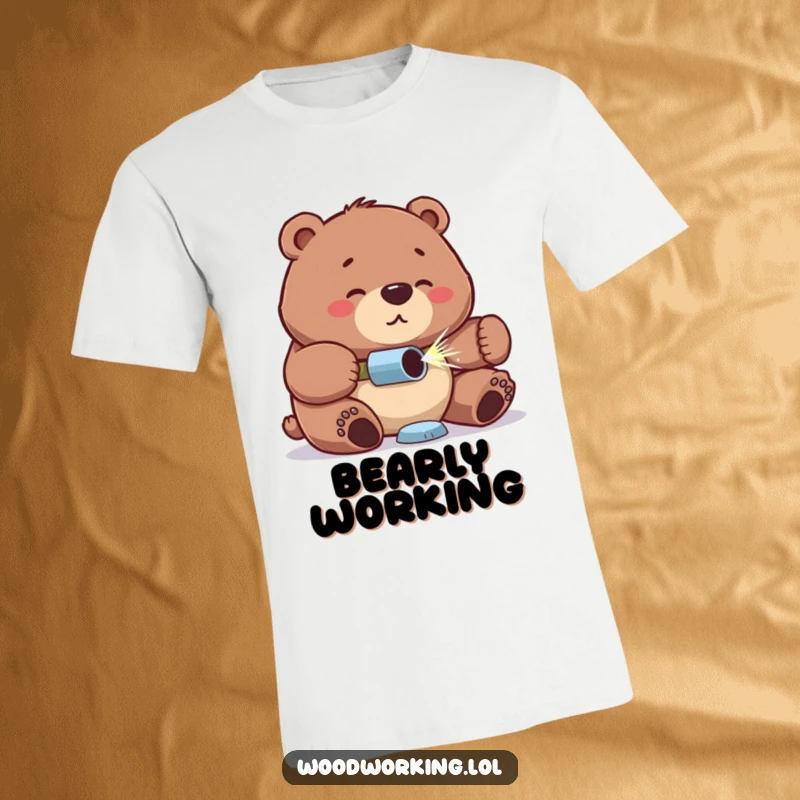Funny bear t-shirt, proud and concentrated, drilling a hole, a depiction of focus and accomplishment in construction.
