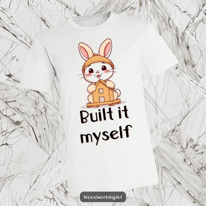 Funny t-shirt depicting a brave, smiling rabbit skillfully assembling a small wooden structure, perfect for DIY enthusiasts.
