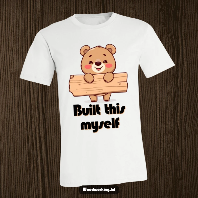 Funny t-shirt, cheerful bear holding a wooden plank, proud construction worker, DIY humor.