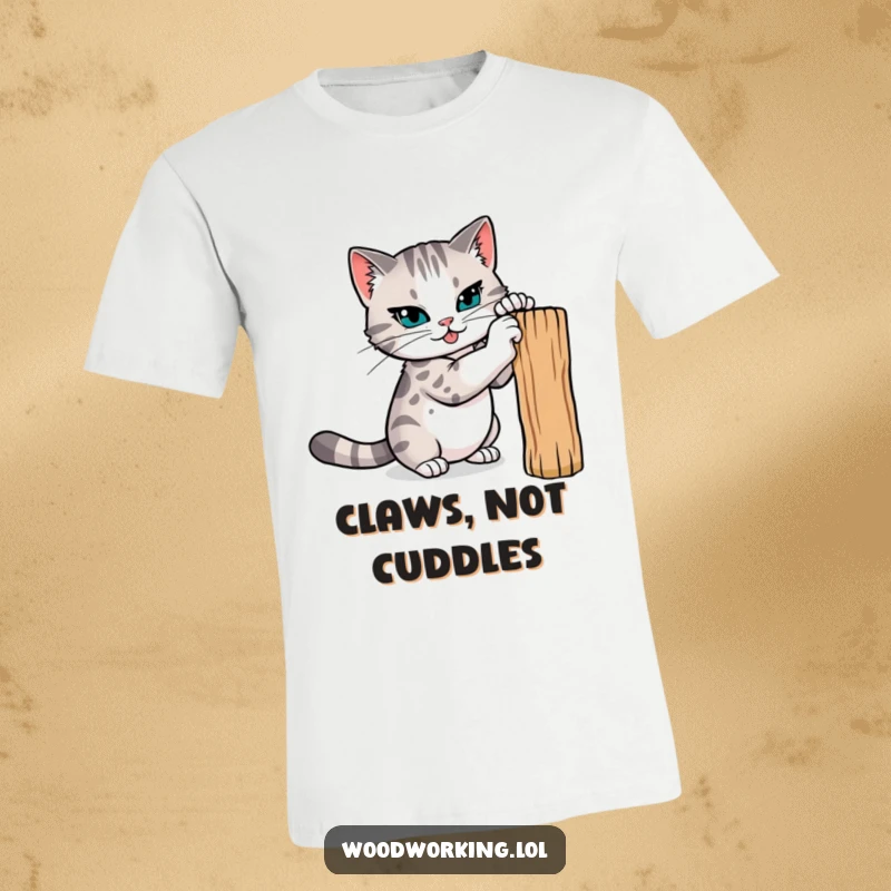Funny cat t-shirt, a determined cat sharpening its claws on a wooden post, ready for action with a focused gaze.