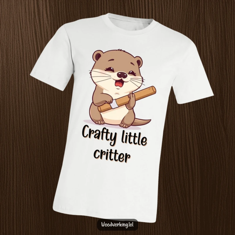 Funny otter t-shirt, giggling and focused, using a chisel with dexterity, showcasing impressive craftsmanship.