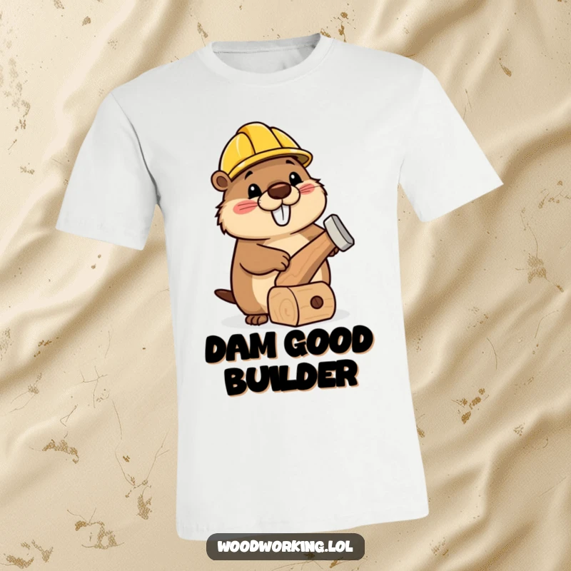Funny t-shirt of a happy beaver wearing a tiny hard hat, diligently hammering a charmingly wonky wooden toy.