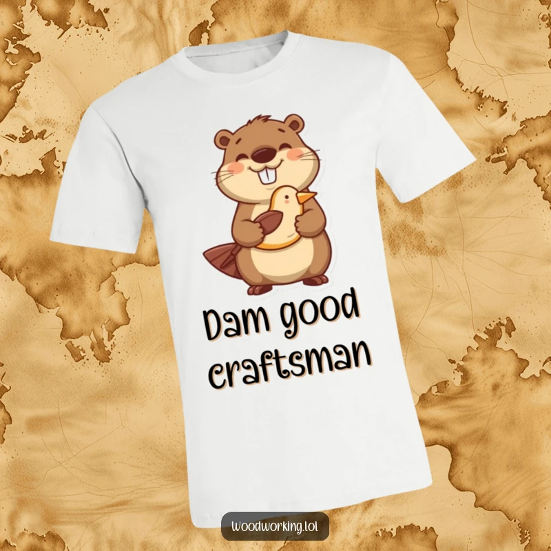 Funny t-shirt depicting a proud beaver holding a meticulously carved wooden bird, a humorous gift for artisans.