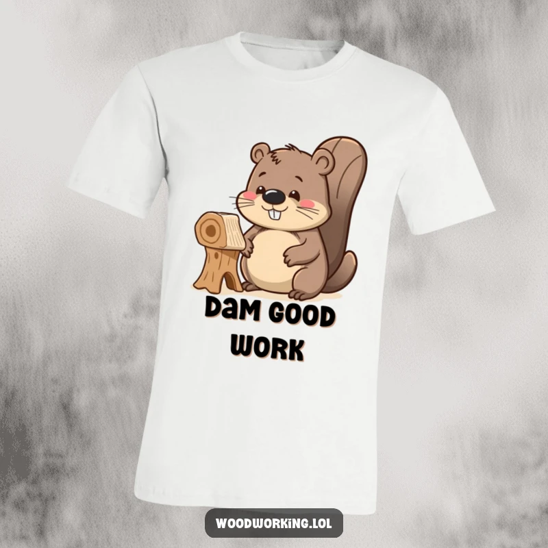 Funny delighted beaver t-shirt, proudly admiring its unfinished wooden creation, demonstrating craftsmanship and artistic satisfaction.