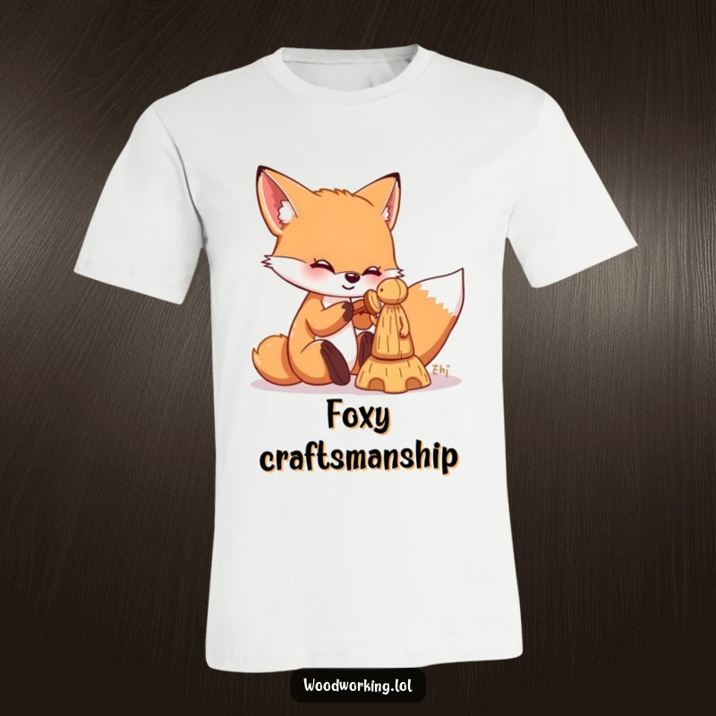 Funny fox t-shirt with a playful fox happily chiseling a small wooden figure, showcasing skill and humor.
