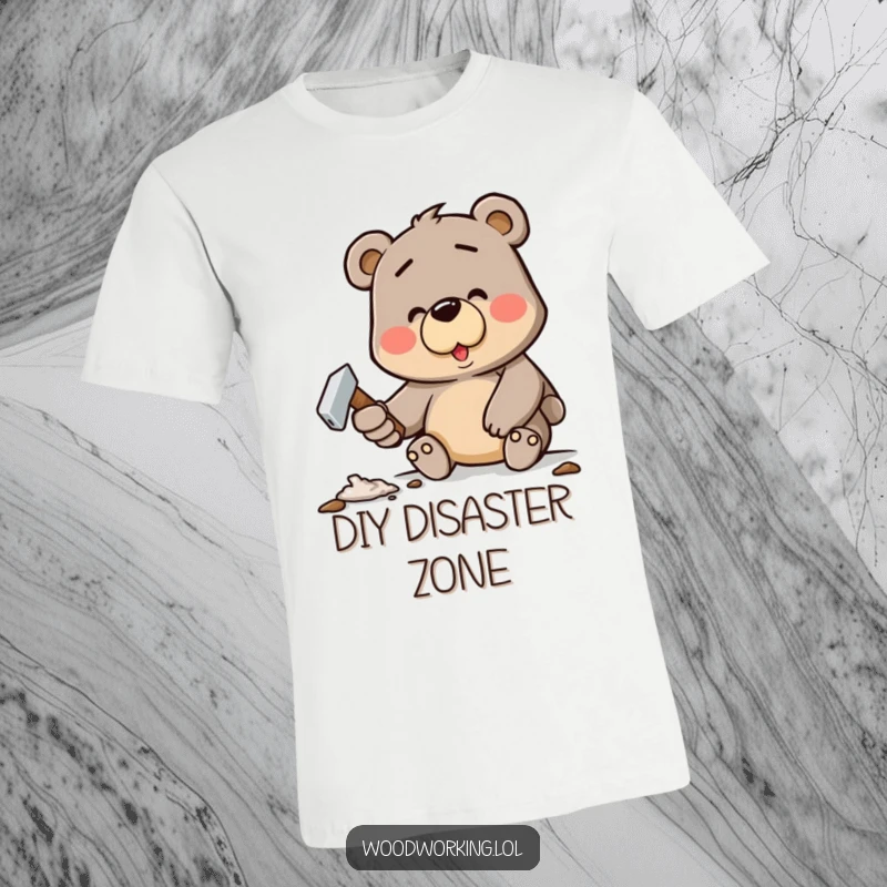 Funny t-shirt with a determined cartoon bear happily hammering a crooked nail, illustrating humorous DIY challenges.