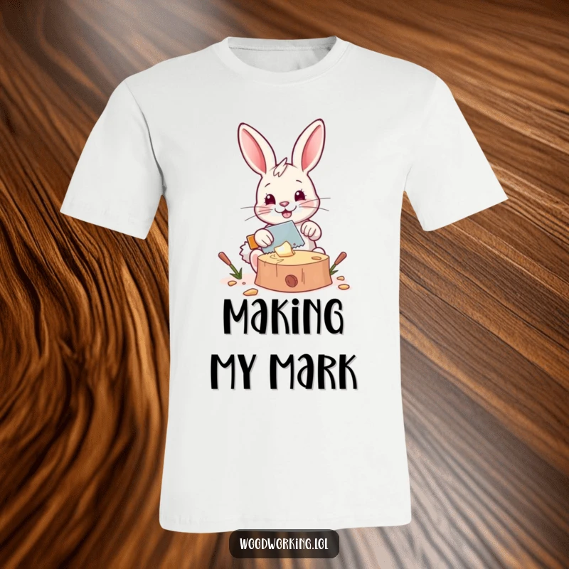 Funny t-shirt: A happy bunny saws wood with a miniature saw, embodying DIY spirit and lighthearted humor for gift recipients.