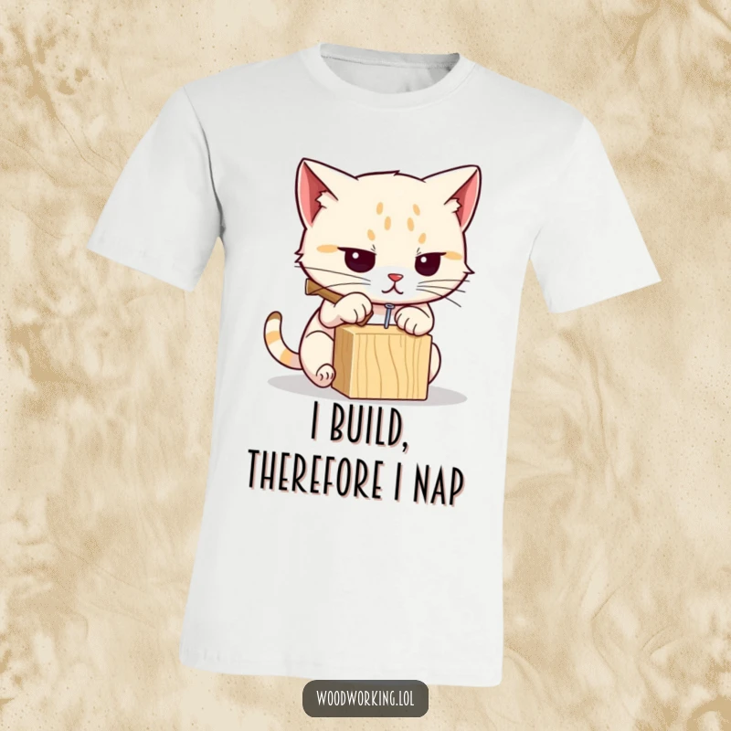 Funny cat t-shirt with a determined cat intently hammering a small nail into a wooden block, showcasing skill and humor.