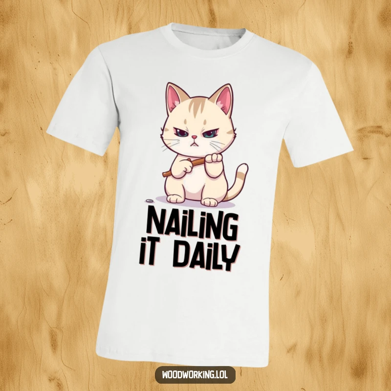 Funny t-shirt: A focused cat hammers a tiny nail with determination, embodying DIY spirit and feline humor for gift recipients.
