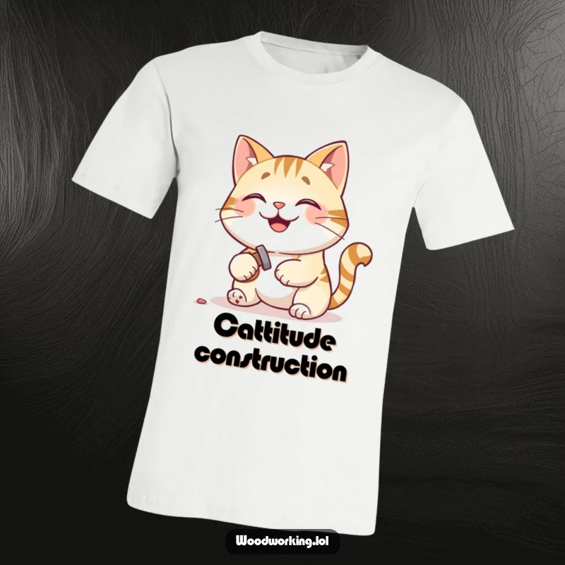 Funny t-shirt design of a smiling cat hammering a small nail with immense pleasure and focus.