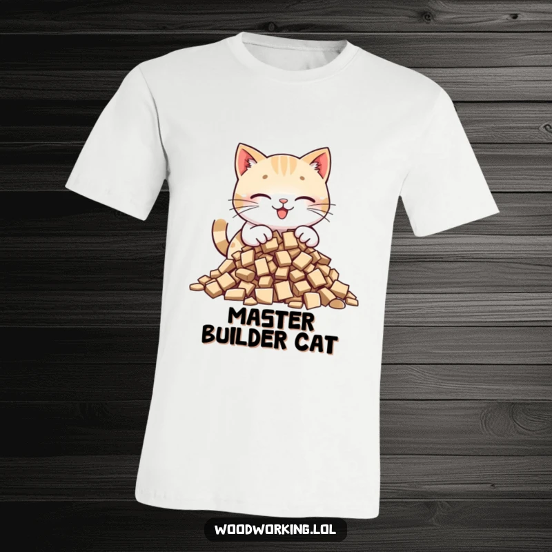 Funny cat t-shirt depicting a happy cat carefully arranging wood chips into a neat pile, showcasing its industrious and precise nature.