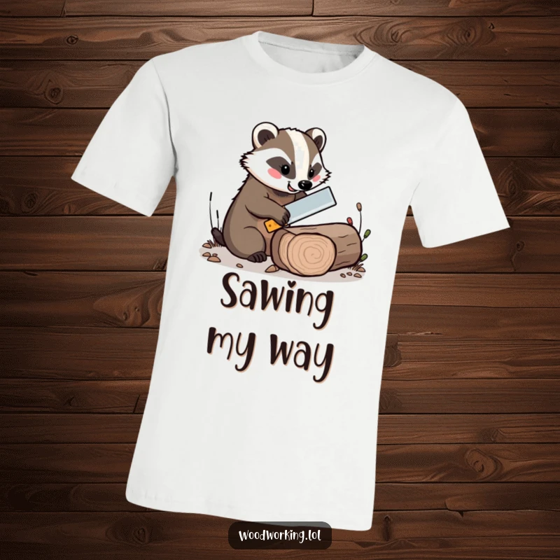 Funny t-shirt of a cheerful badger skillfully sawing a log with a comically small saw, great for artisans.