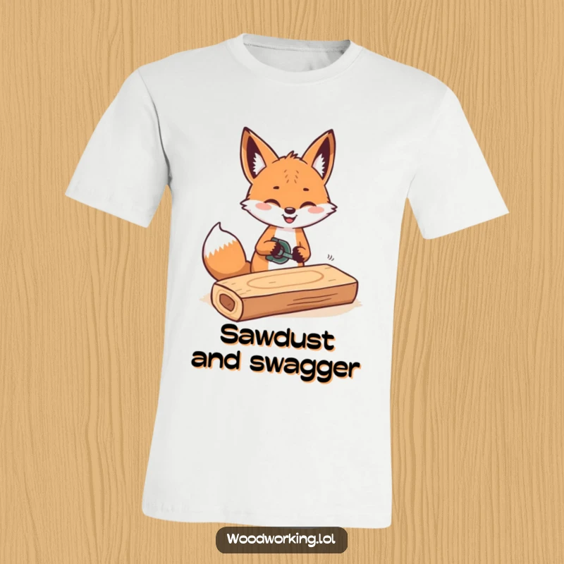 Funny t-shirt graphic of a cheerful fox sawing a plank of wood with rhythmic, happy movements.